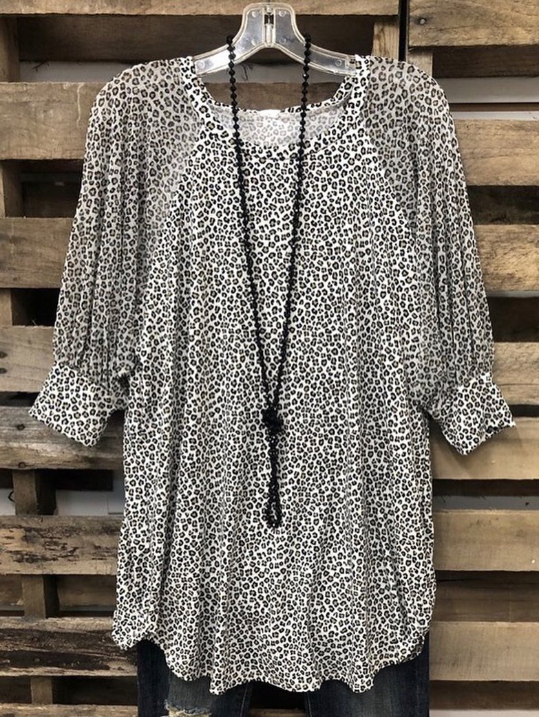 Leopard 3/4 Sleeve O-Neck Shirts & Tops