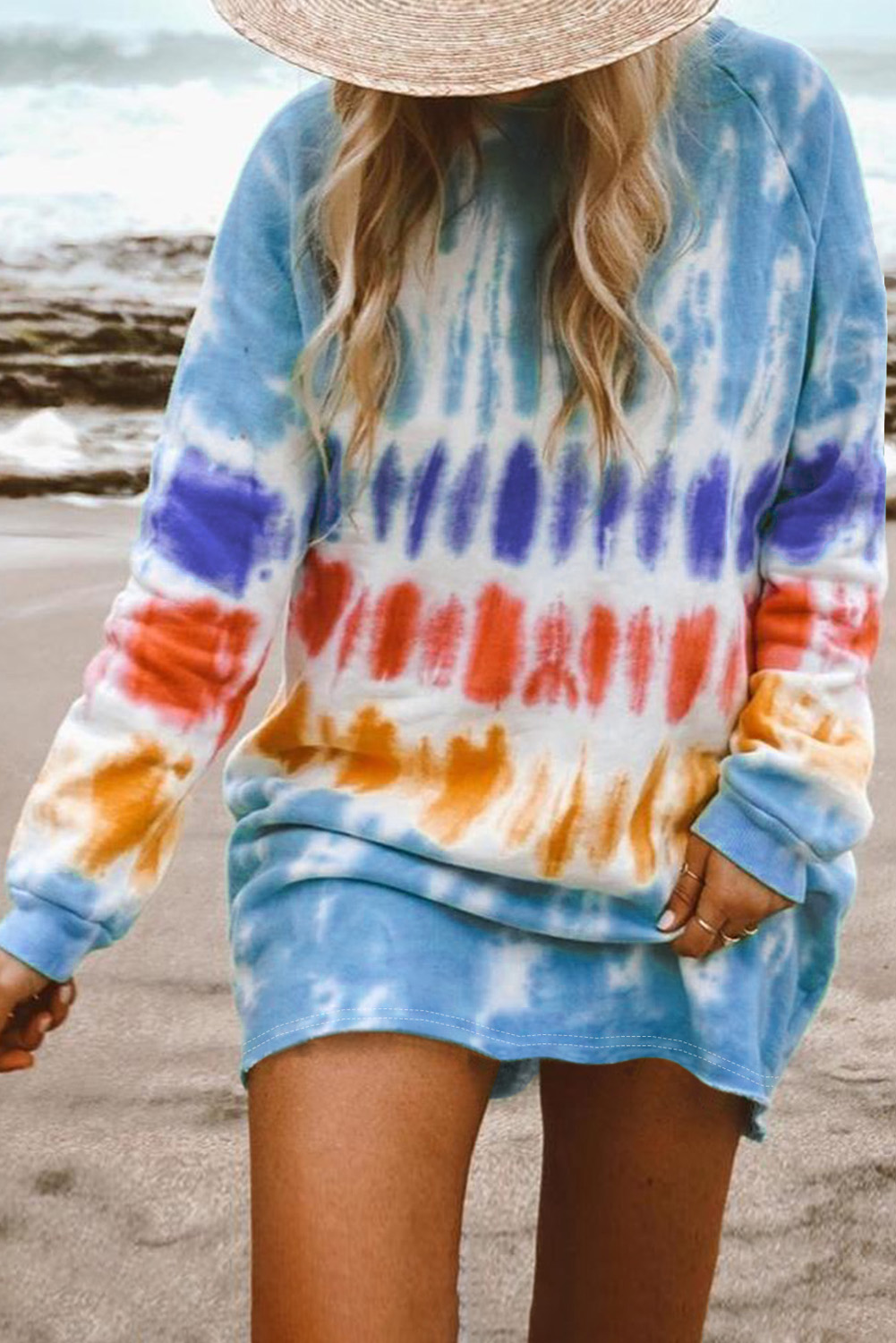 蓝色扎染长袖卫衣式舒适休闲连衣裙