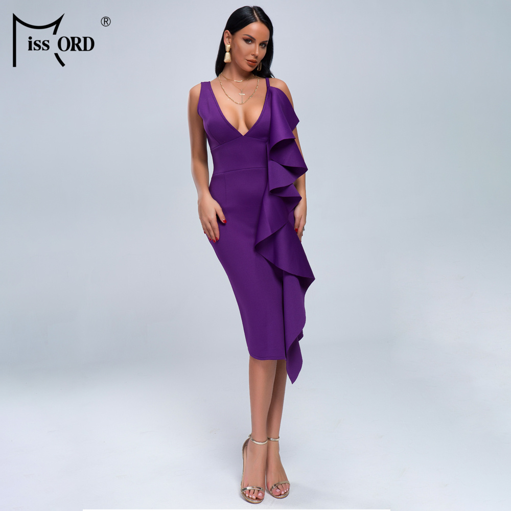 Missord 2019 Women Sexy Bodycon  Deep v neck  Bandage Dresses Female Ruffles Backless Club Dress Vestido  FT19413