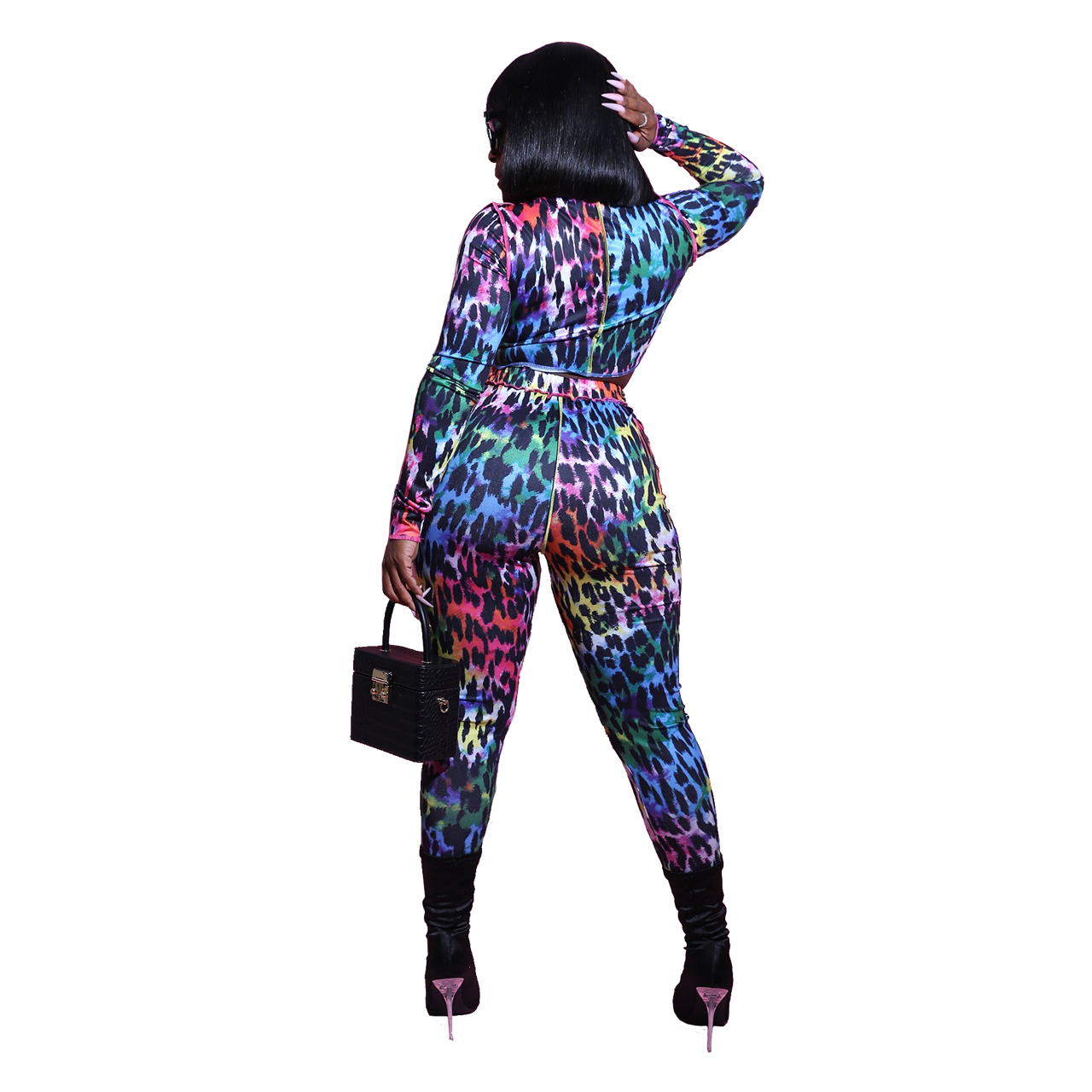 Autumn Party Lace Up Colorful Print Crop Top and Pants Set