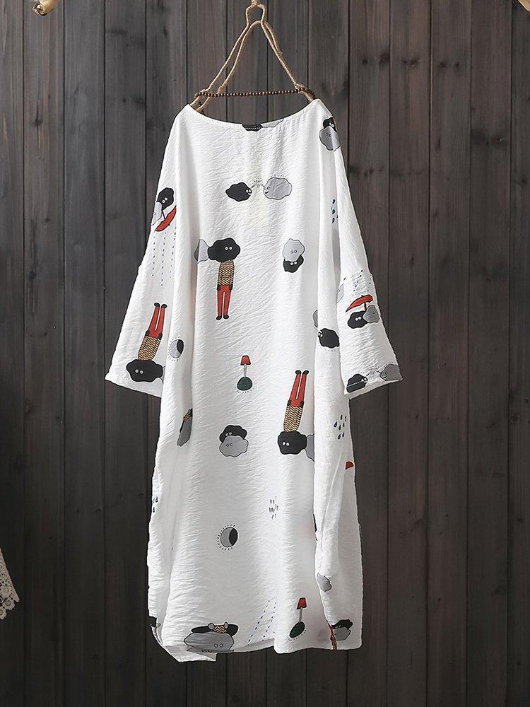 Round Neck Short Sleeve Floral Cotton-Blend Dresses