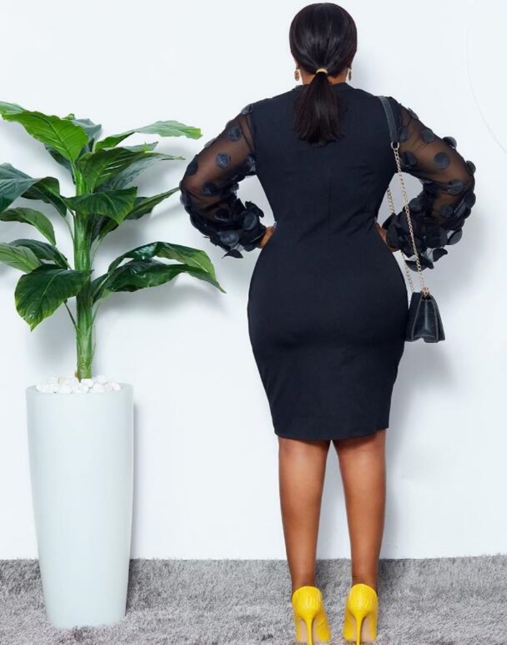 Plus Size Mature Black Party Dress with Mesh Sleeves