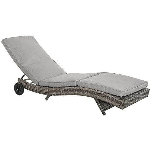 Outsunny Patio Wicker Cushioned Chaise Lounge Chair, Outdoor PE Rattan Sun Lounger w/ 5-Level Adjustable Backrest & 2 Wheels for Easy Movement, Grey