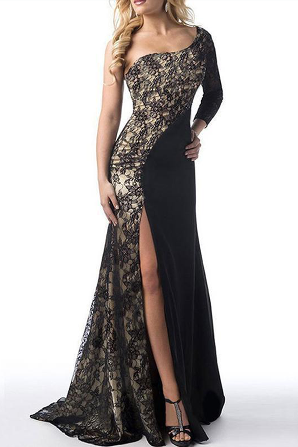 One Shoulder High Slit Patchwork Evening Dress