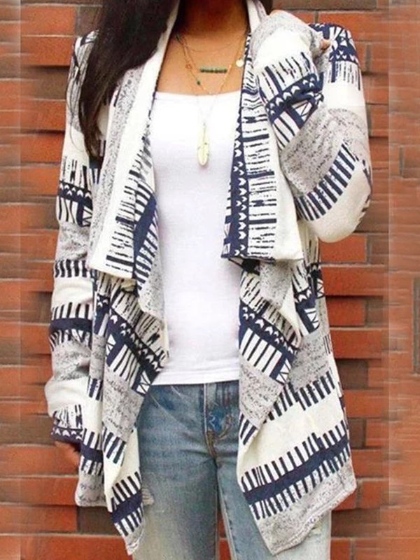 Bohemian Turndown Collar Printed Colour Cardigan