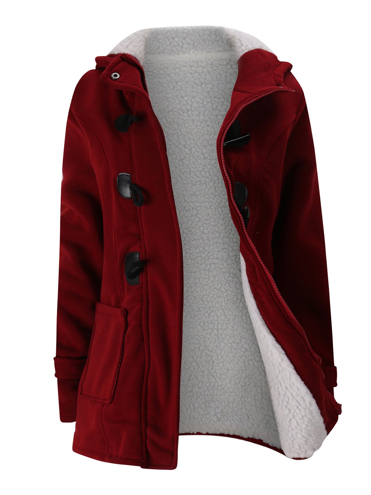 Women Horn Button Coton Fleece Hooded Duffle Coat