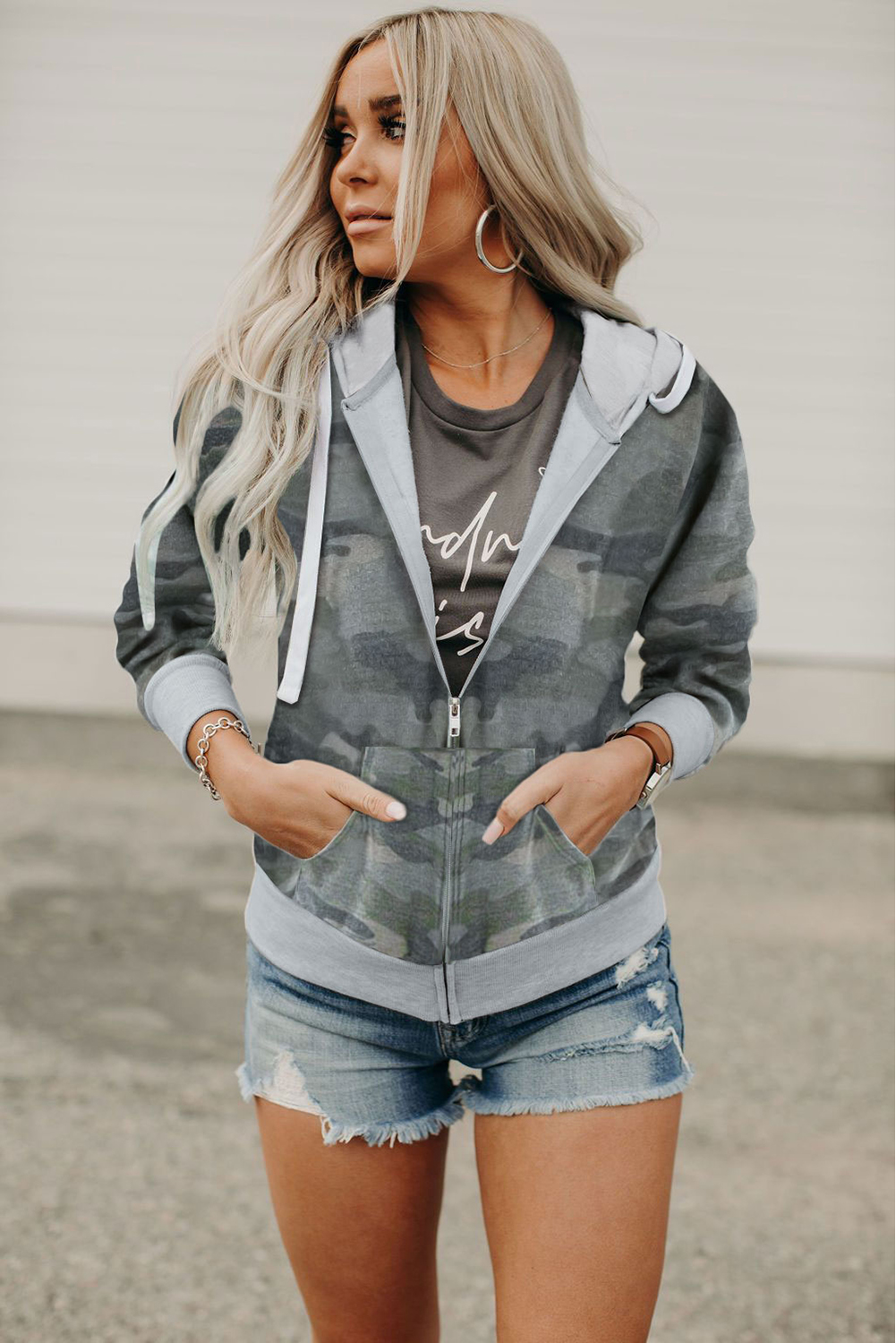 经典迷彩印花舒适休闲拉链连帽衫