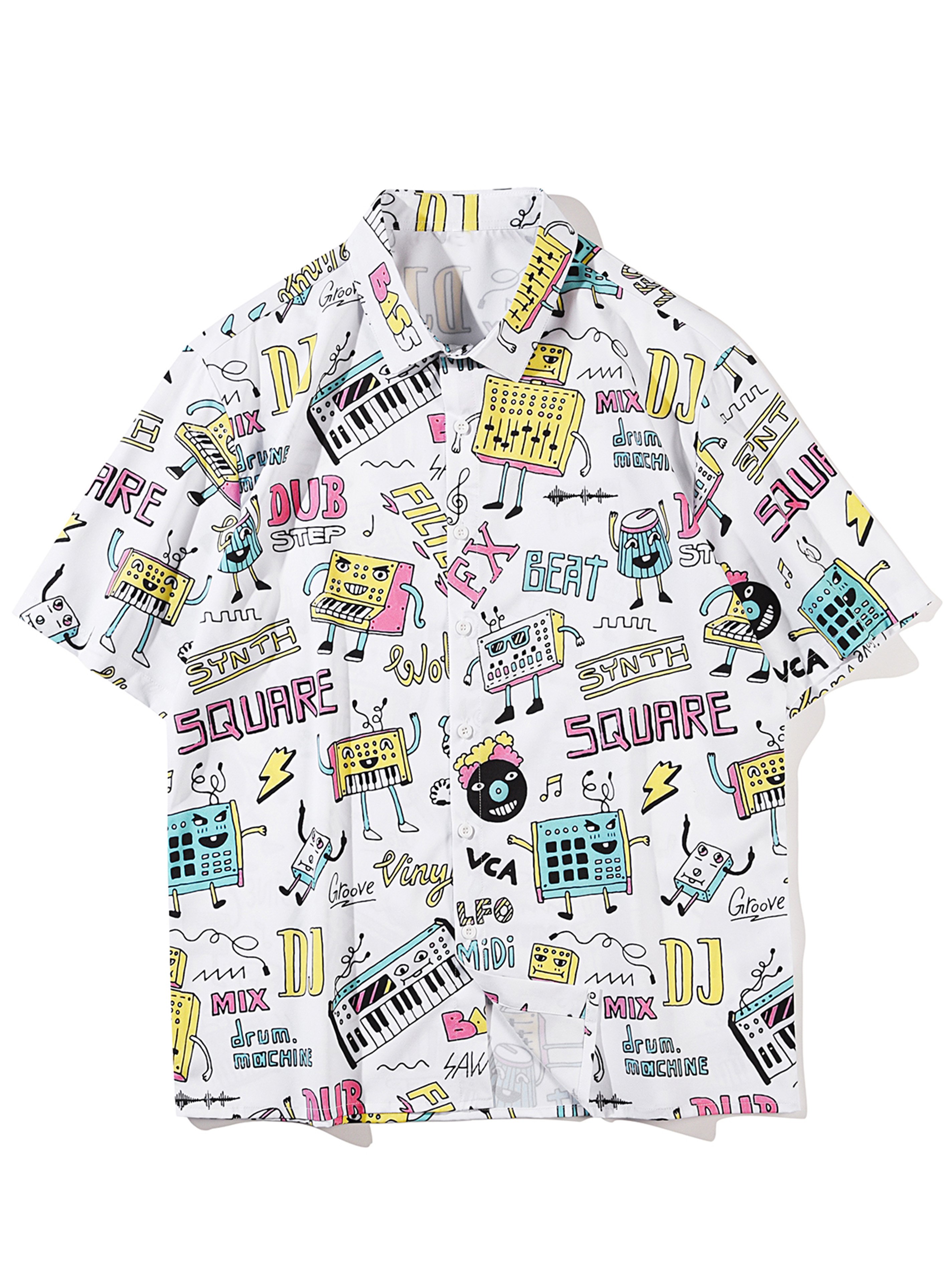 Men's Cartoon Music Print Button Blouse
