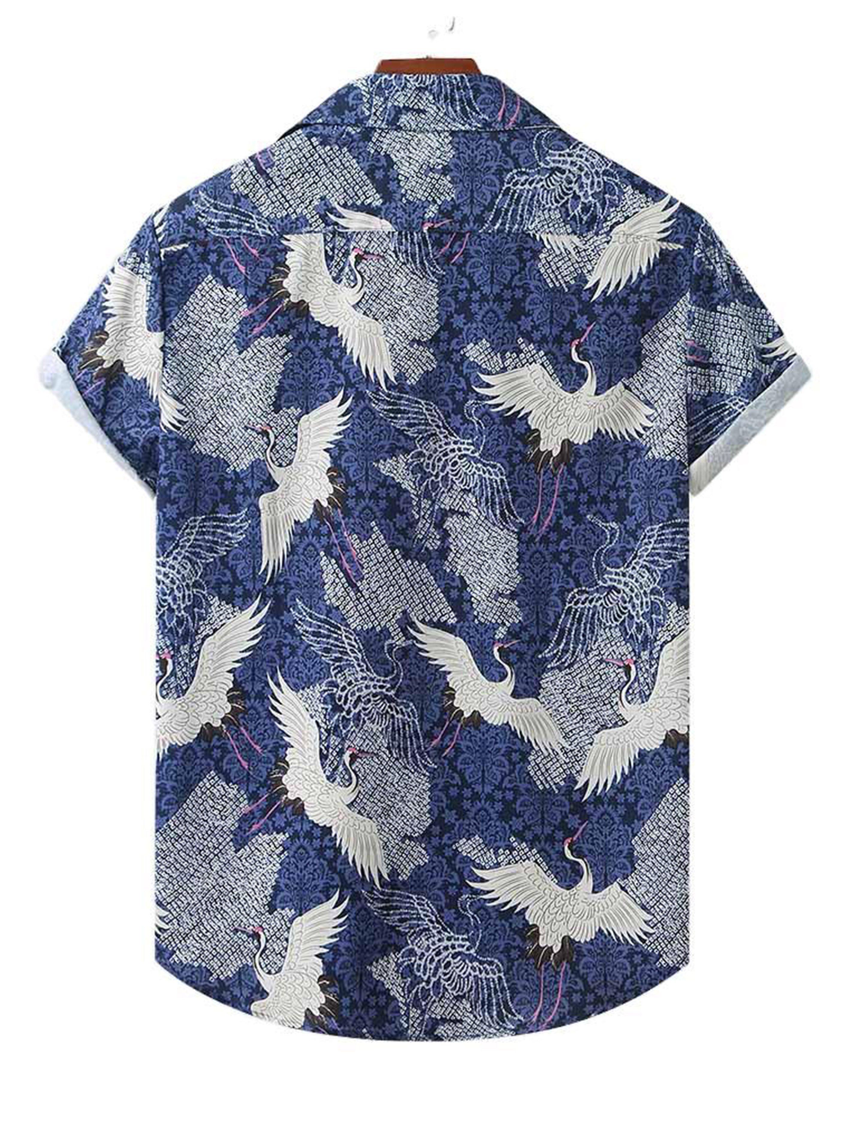 Men's Retro White Crane Graphic Short Sleeve Shirt