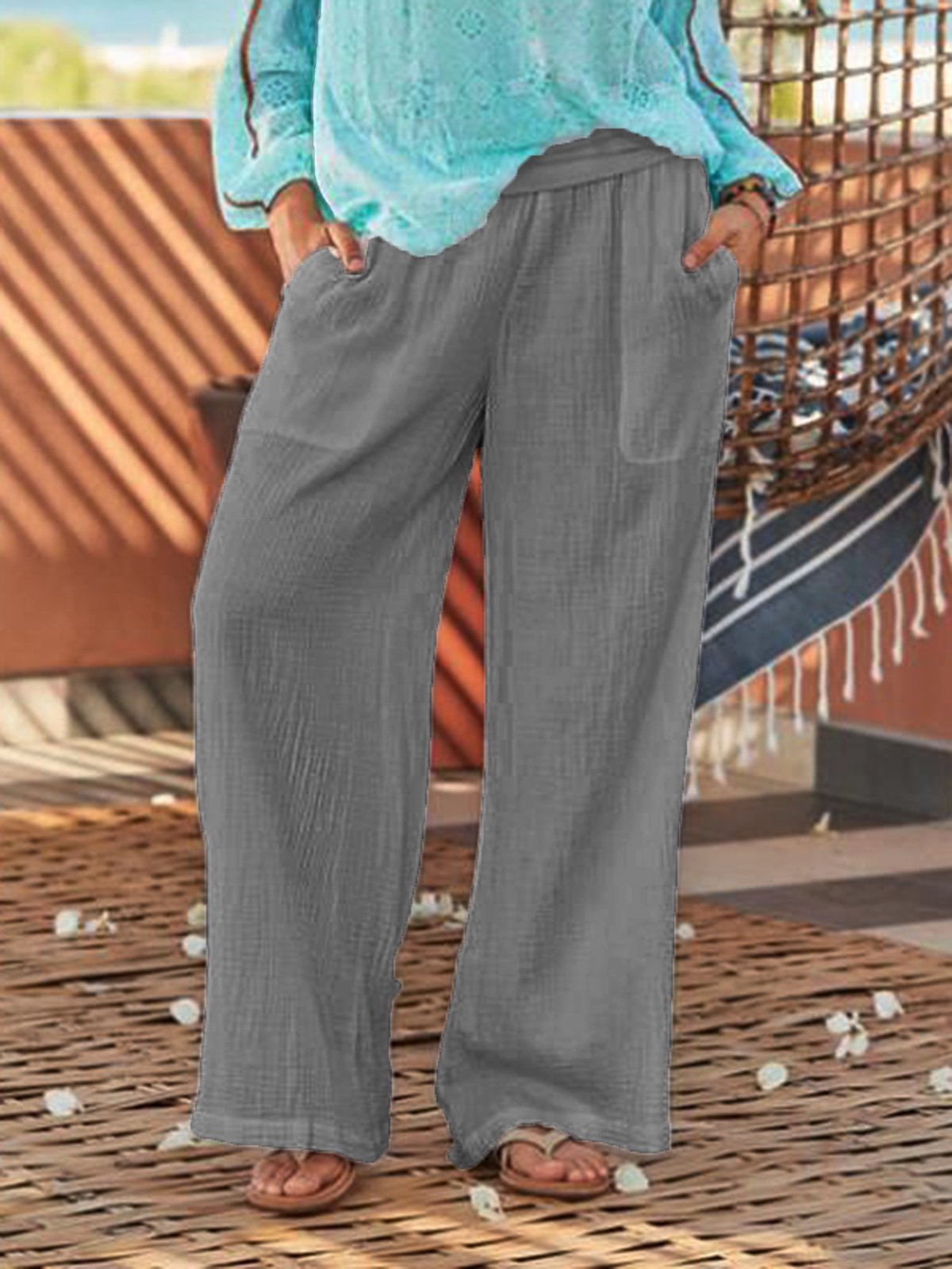 Cotton-Blend Plain Pants