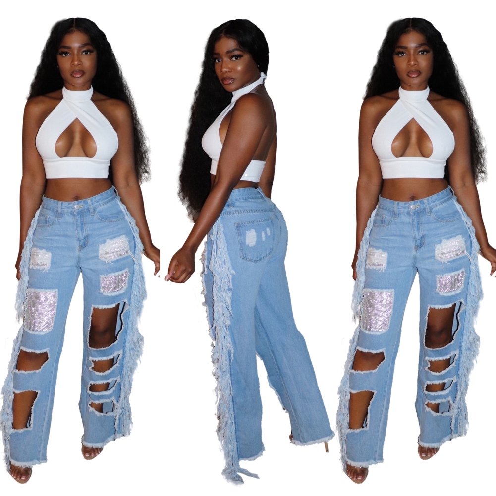 Cut Out Blue Tassels Jeans