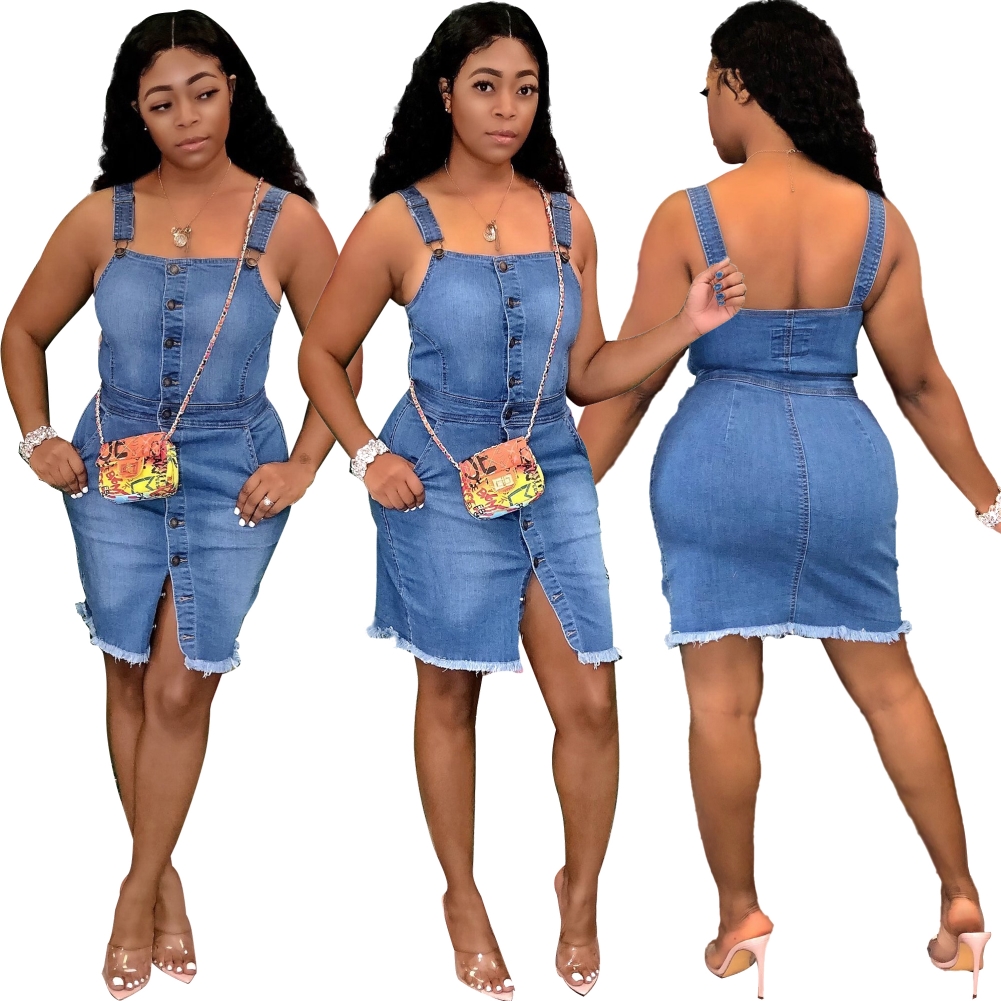 Denim Blue Button Up Strap Bodycon Dress