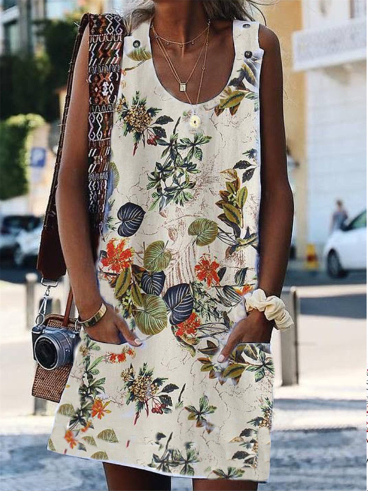 Vintage Floral Printed Sleeveless Pockets Plus Size Dress