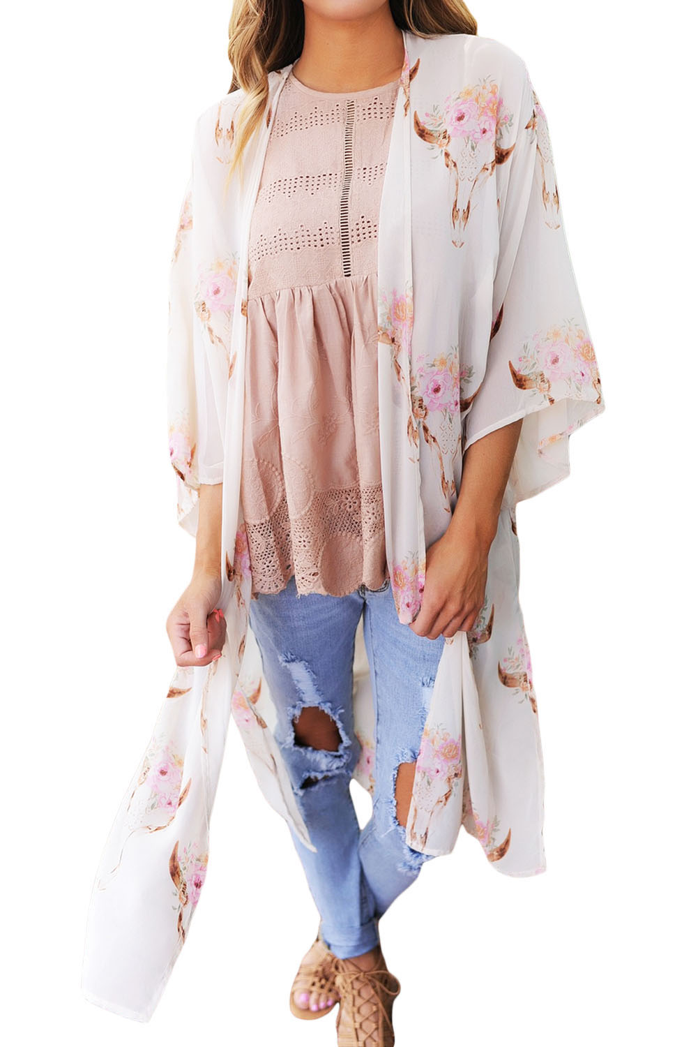 White Floral Side Slit Boho Kimono