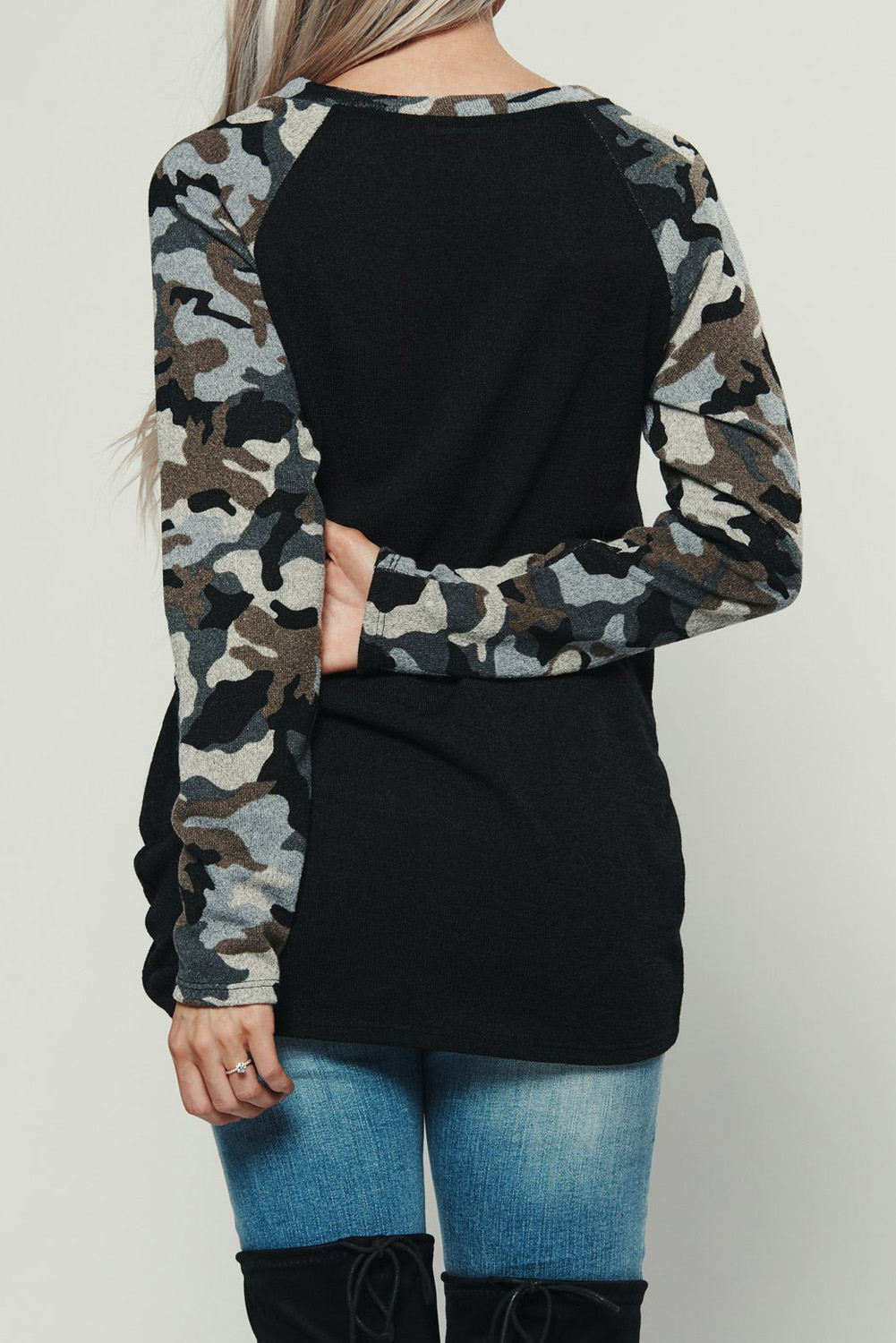 经典迷彩长袖口袋微V领黑色舒适休闲上衣