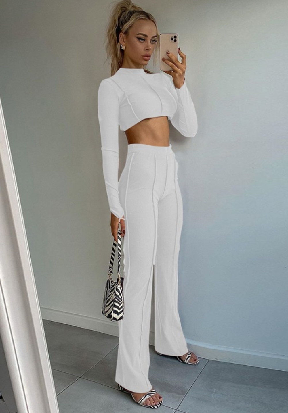Solid Color Lace-Up Back Crop Top and High Waist Pants Set