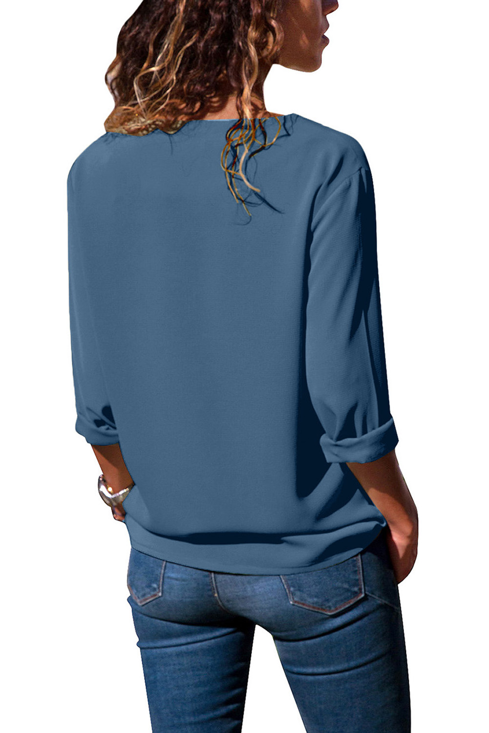 Light Blue Turndown Collar Asymmetric Button Down Blouse