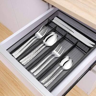 Rebrilliant Kitchen Drawer Organizer, Mesh Wire Utensil Tray Drawer Organizer, Black Narrow Metal Silverware Flatware Cutlery Ho