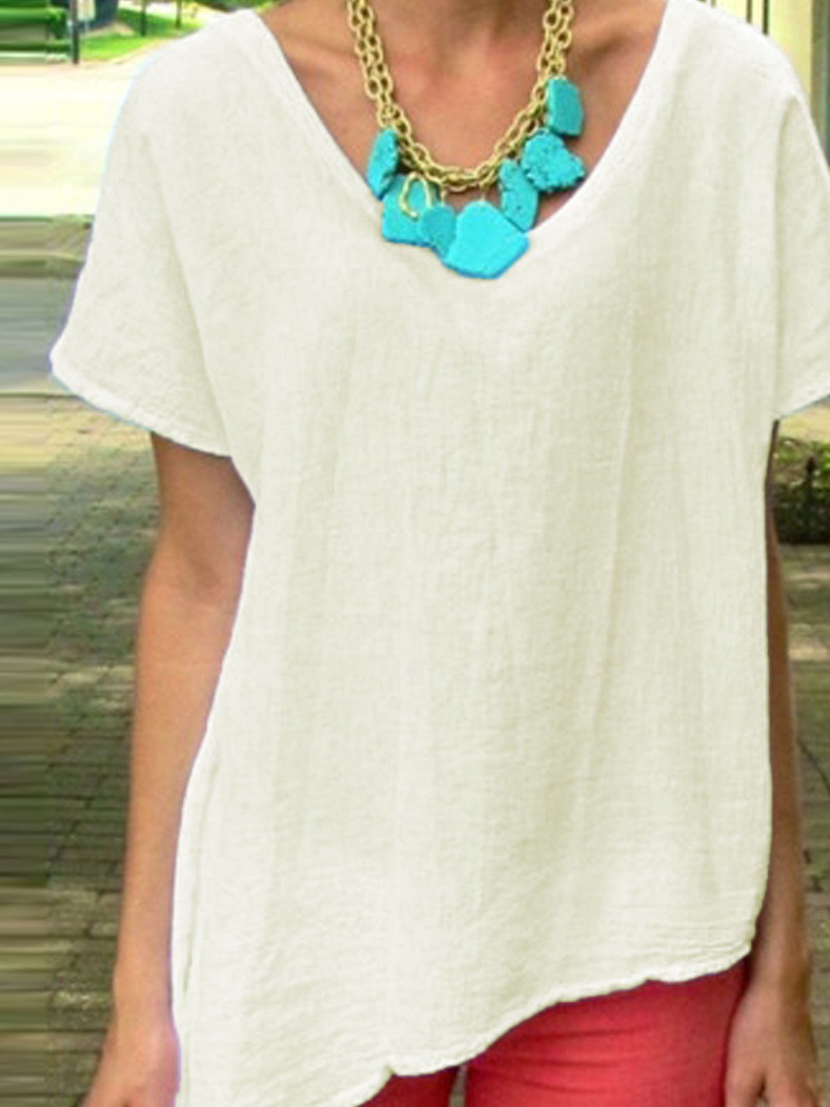 Plain V Neck Casual Short Sleeve Shirts & Tops