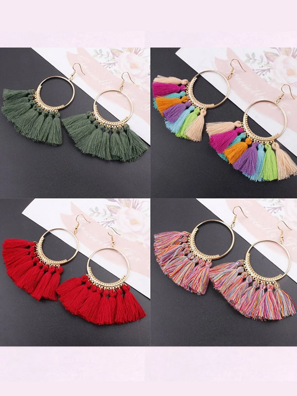 Bohemia Style Colorful Thread Tassel Pendants Big Round Hoop Earring