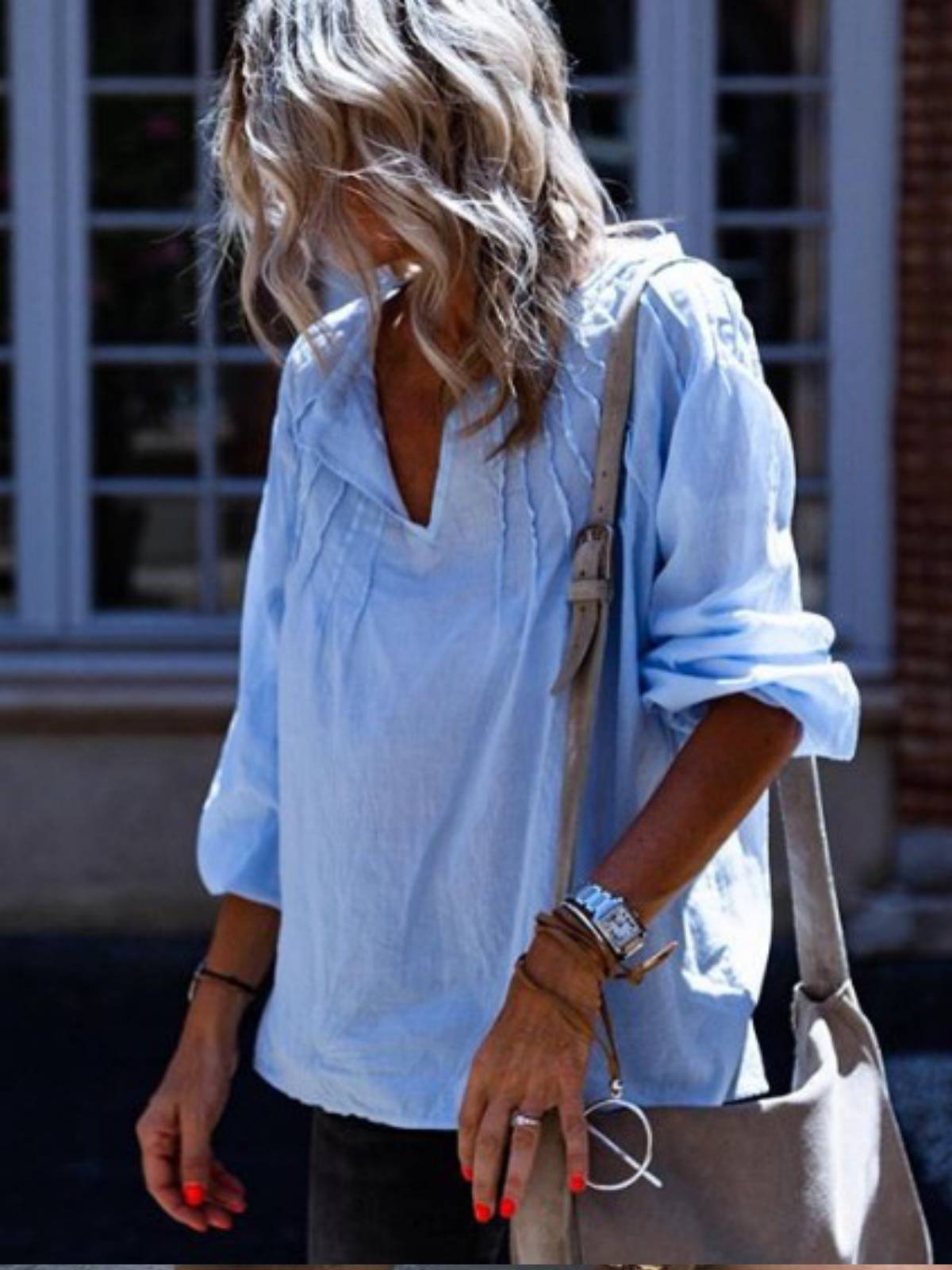 Blue Long Sleeve Cotton-Blend Shirts & Tops