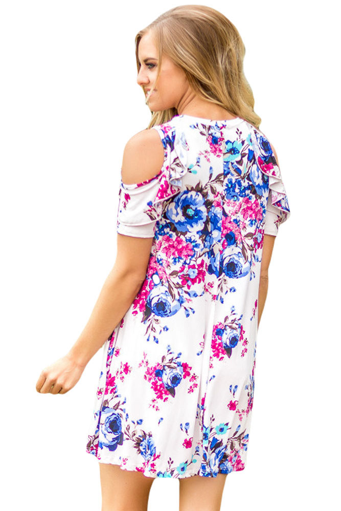 Ruffled Cold Shoulder White Floral Dress