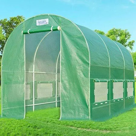 Quictent 12& x 7& x 7& Portable Greenhouse Large Walk-In 2 Doors Green Garden Hot House 8 Bases + 16 Stakes