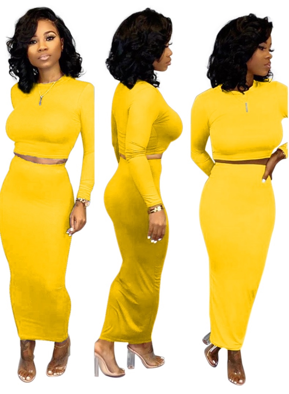 Solid Color Sexy Curvy Crop Top and Pencil Skirt