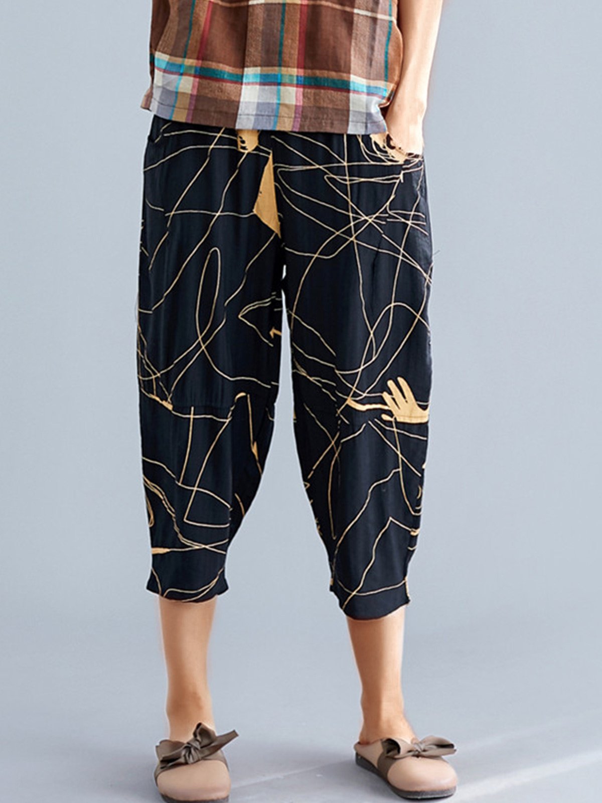 Plus Size Women Vintage Printed Casual Pants