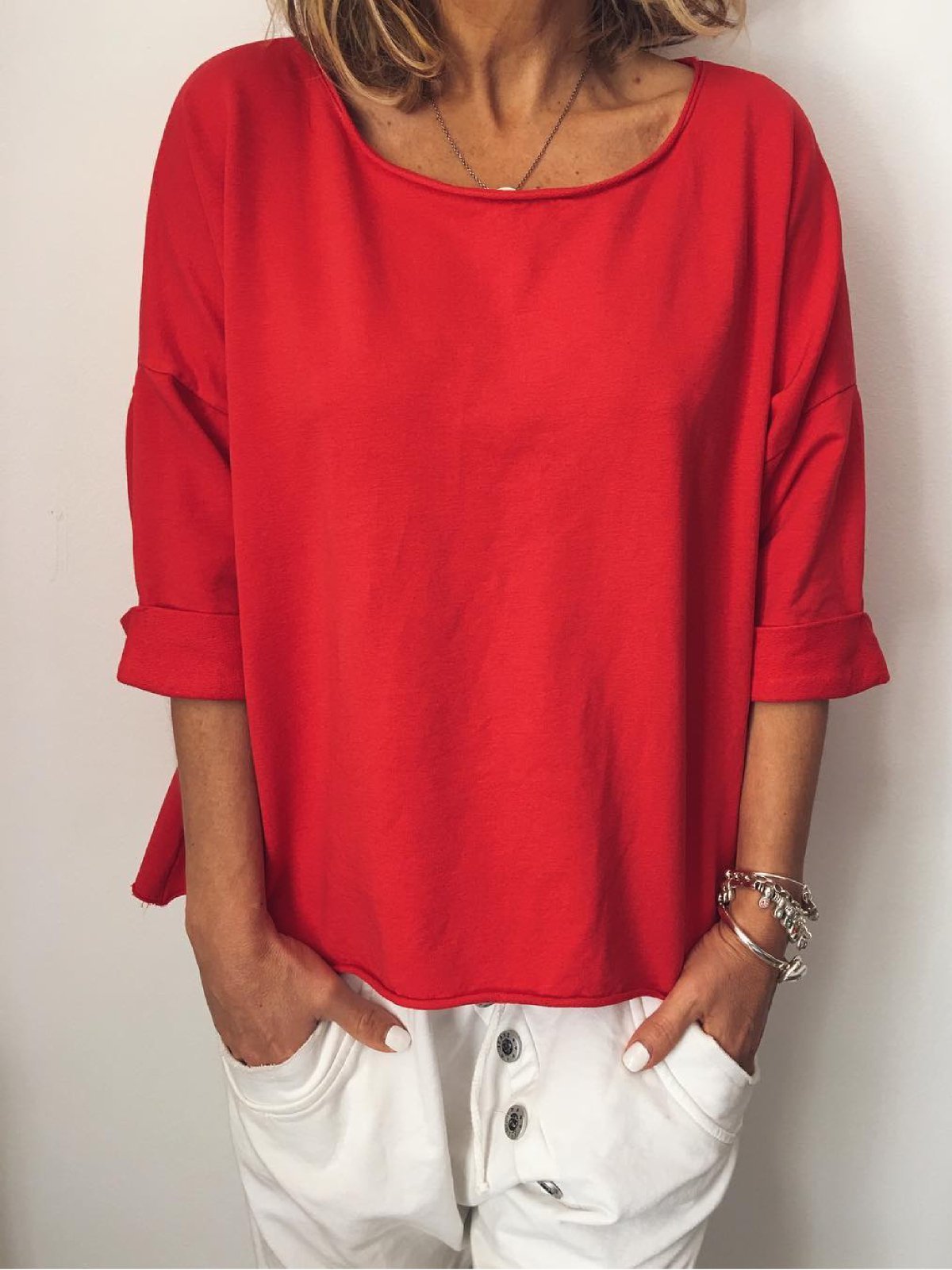 Long Sleeve Round Neck Casual Solid Shirts & Tops