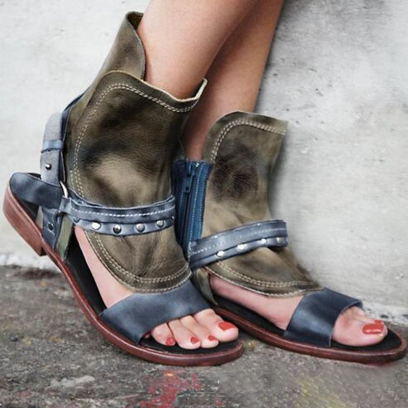 Flat Heel PU Zipper Casual Sandals