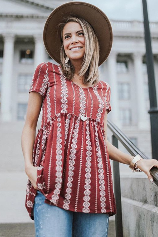 Red Short Sleeve V Neck Floral Print Peplum Tunic Top
