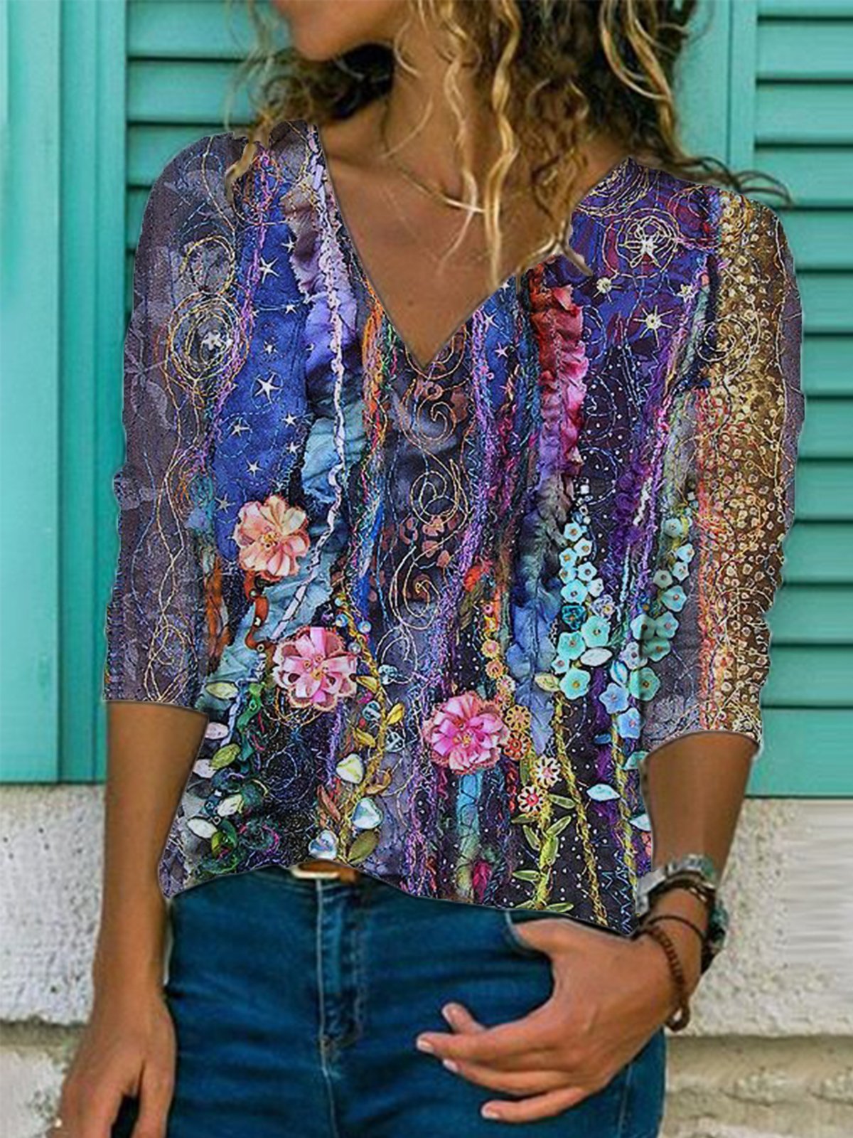 Printed Vintage Abstract Cotton-Blend Shirts & Tops