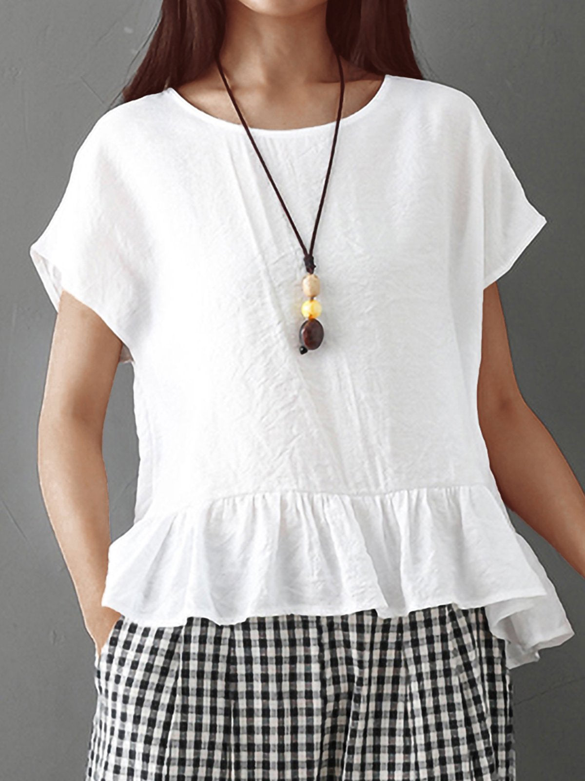 Plus Size Women Stitching Solid  Bat Sleeves Loose Cotton And Linen Casual Tops