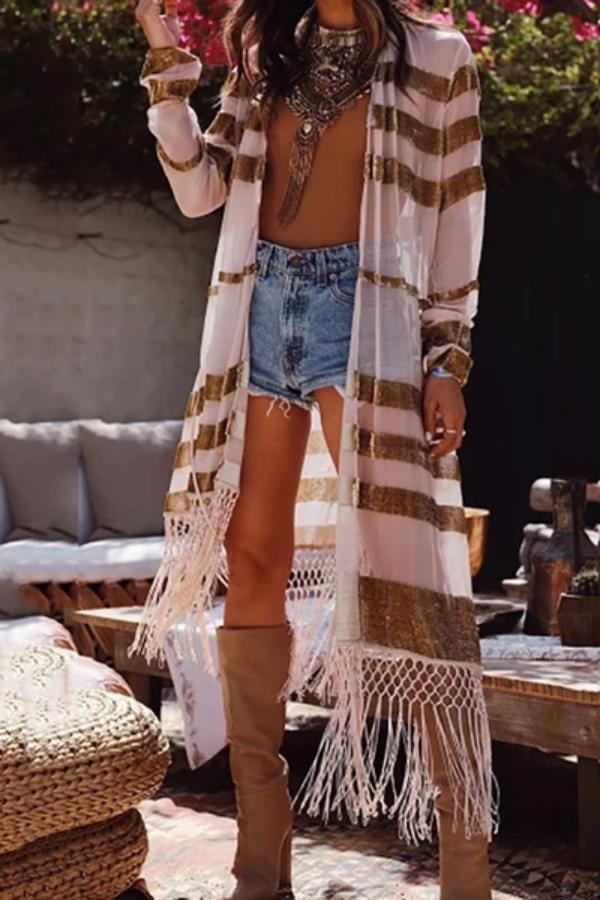 Women's Fashion Stripe Sun-Protective See-Through Tassel Cardigan