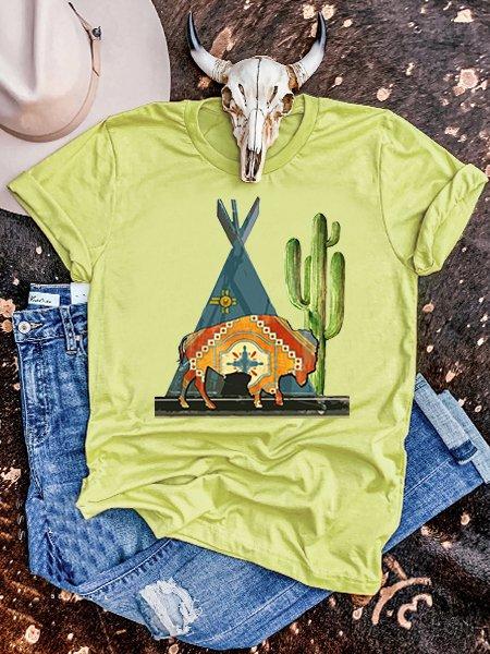 Lightgreen Floral-Print Round Neck Short Sleeve Shirts & Tops