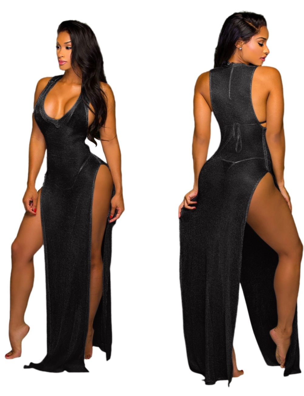 Sexy Metallic Slit Sleeveless Long Party Dress