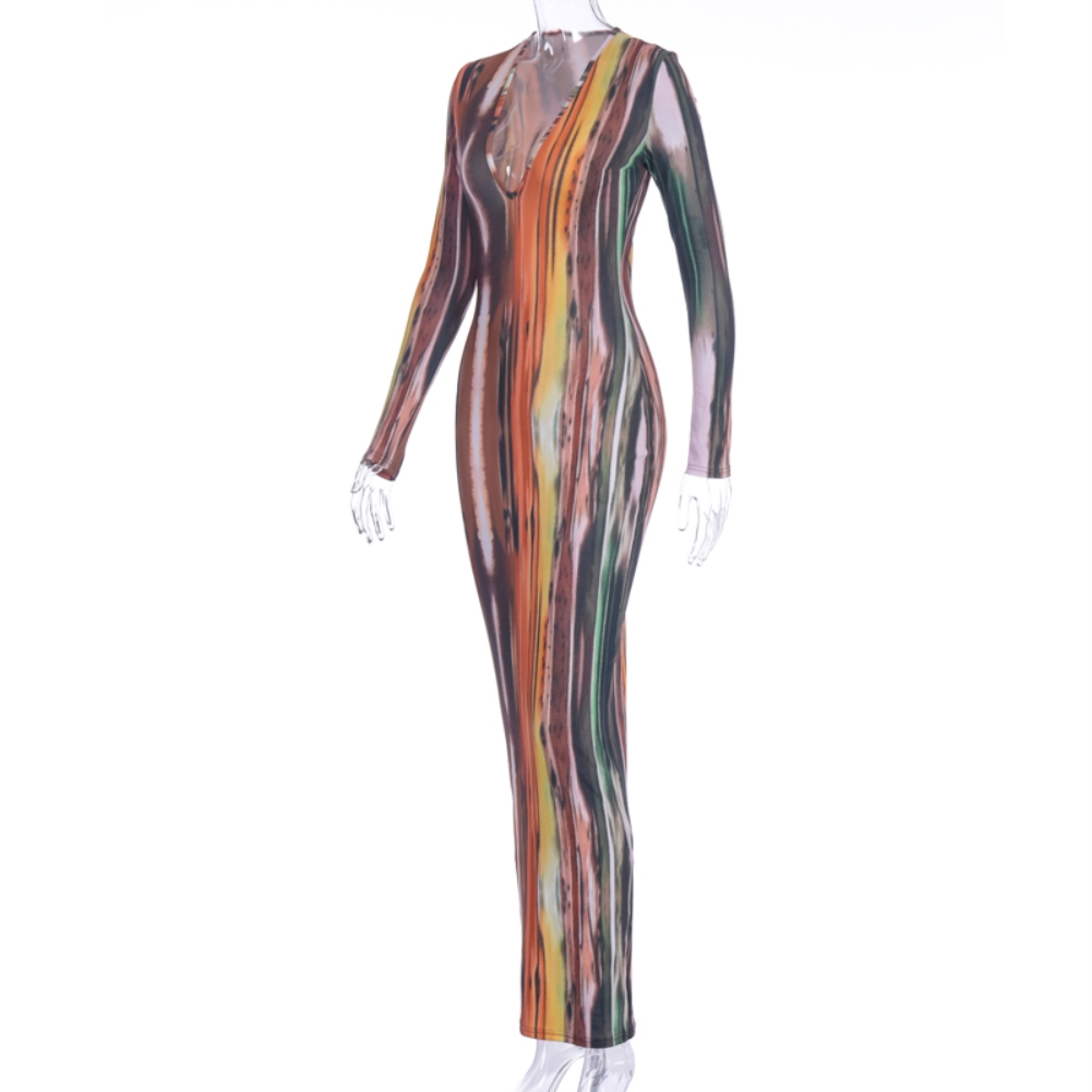 Fall Tie Dye V-Neck MaxiDress with Full Sleeves