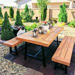 PHI VILLA Outdoor Dining Table and Chairs Set Patio Wood Table and Bench Set for 6, 1 x Wood Dining Table & 2 x Wooden Benches, Patio Acacia Wood Dining Furniture for Porch, Yard, Deck