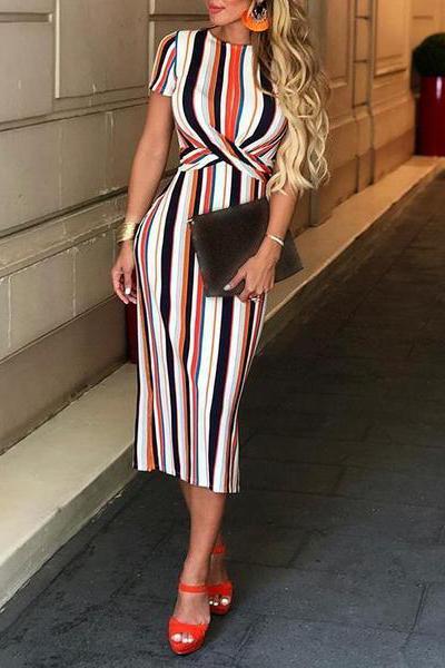 Round Neck Short Sleeve Stripes Bodycon Dress