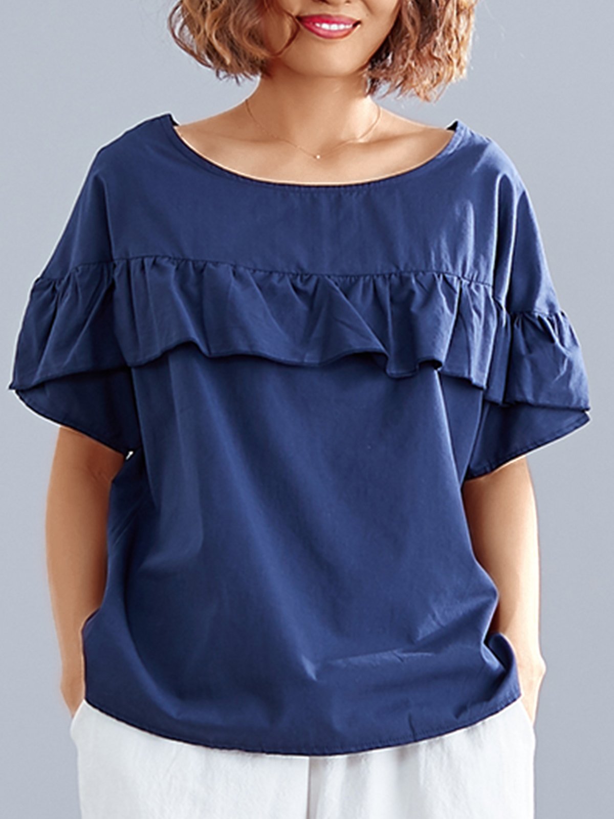 Plus Size Women Short Sleeve Round Neck Solid Casual Tops