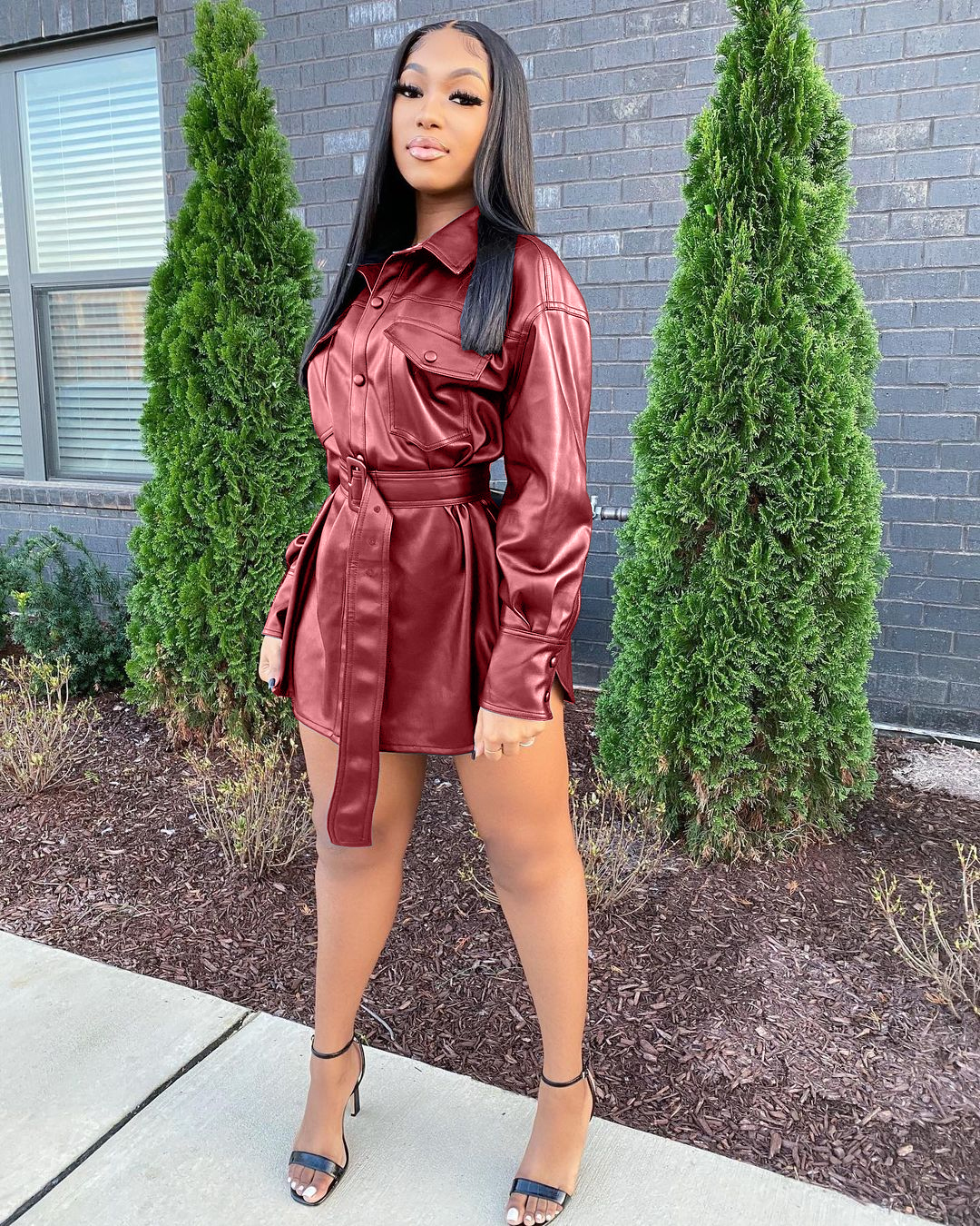 Winter Button Up Leather Shirt Dress with Belt