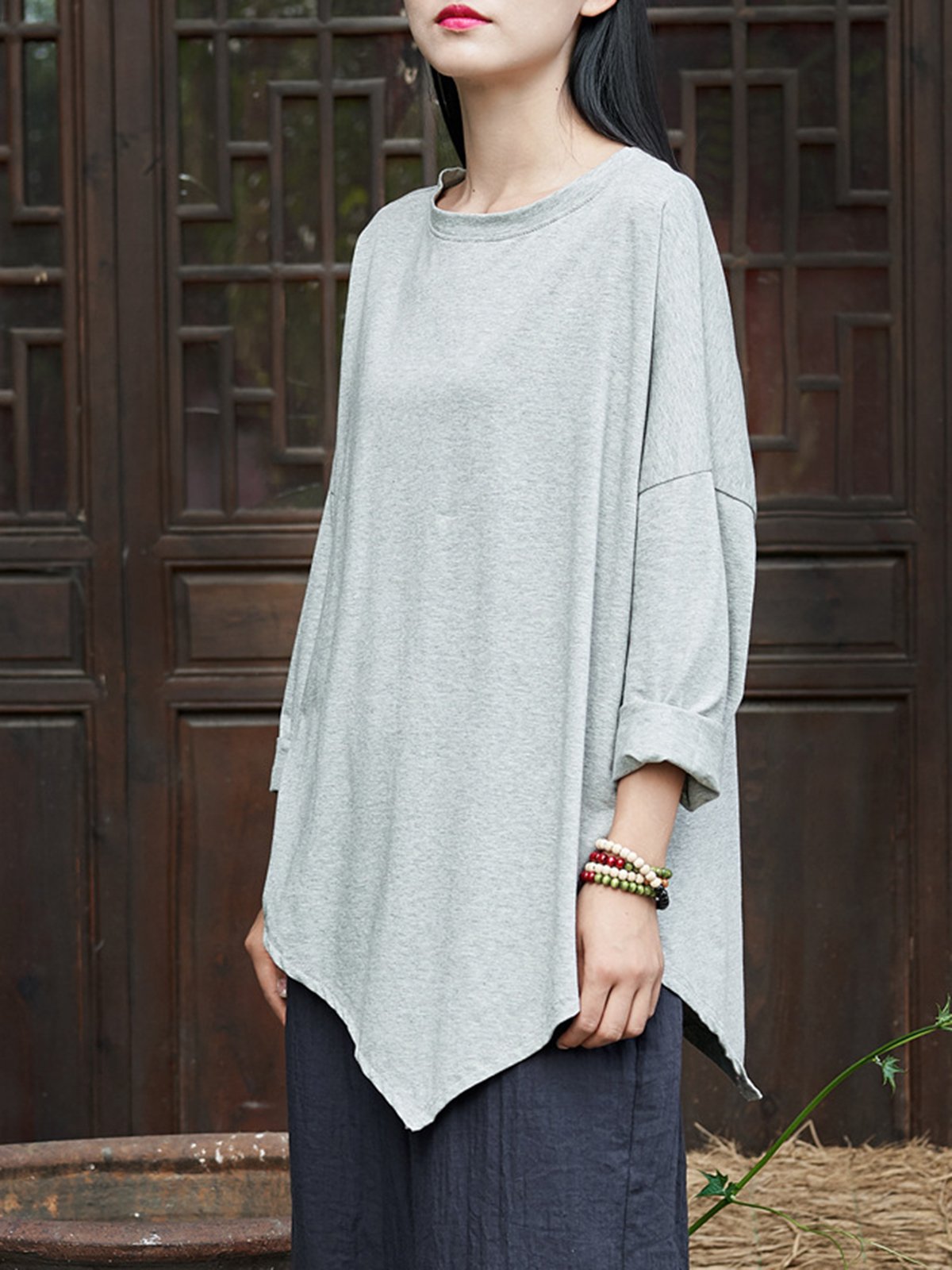 Cotton Casual Crew Neck Blouses