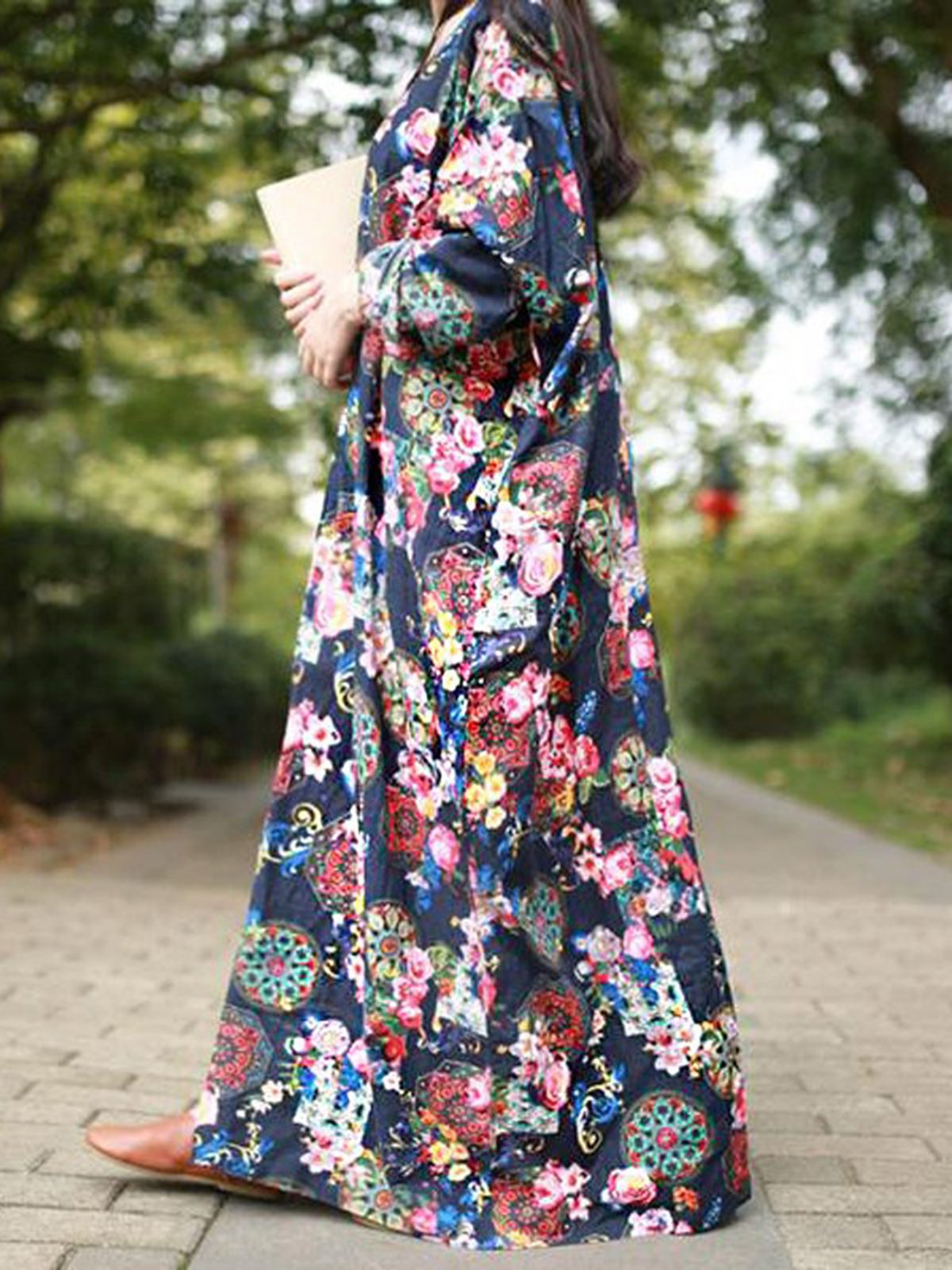 Crew Neck Long Sleeve Floral Printed Plus Size Dress