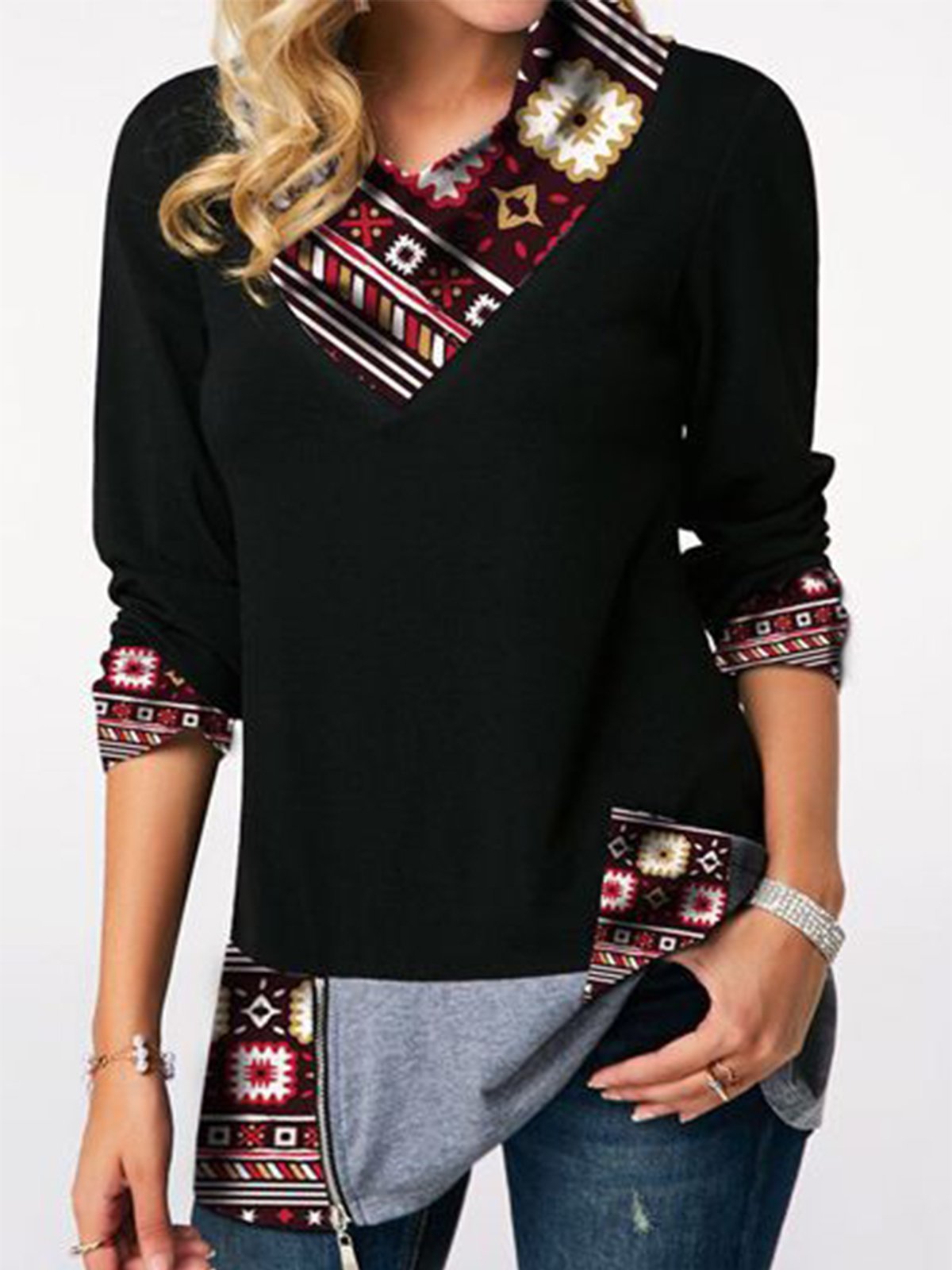 Printed Zipper Detail Long Sleeve  (S-5XL) T Shirt