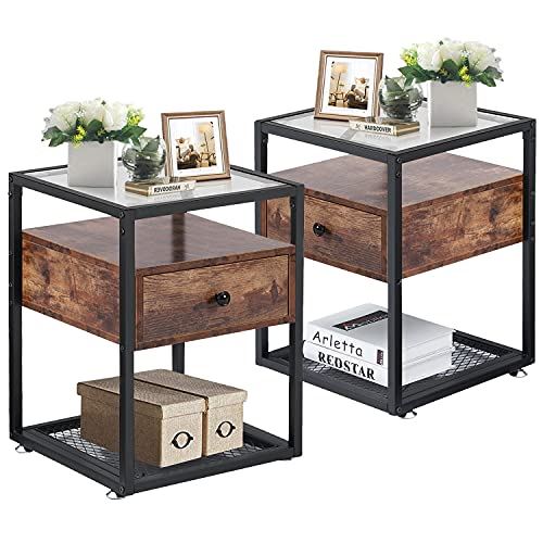 VECELO Modern Nightstand with Tempered Glass Top Hold up to 66 Pounds/Set of 2