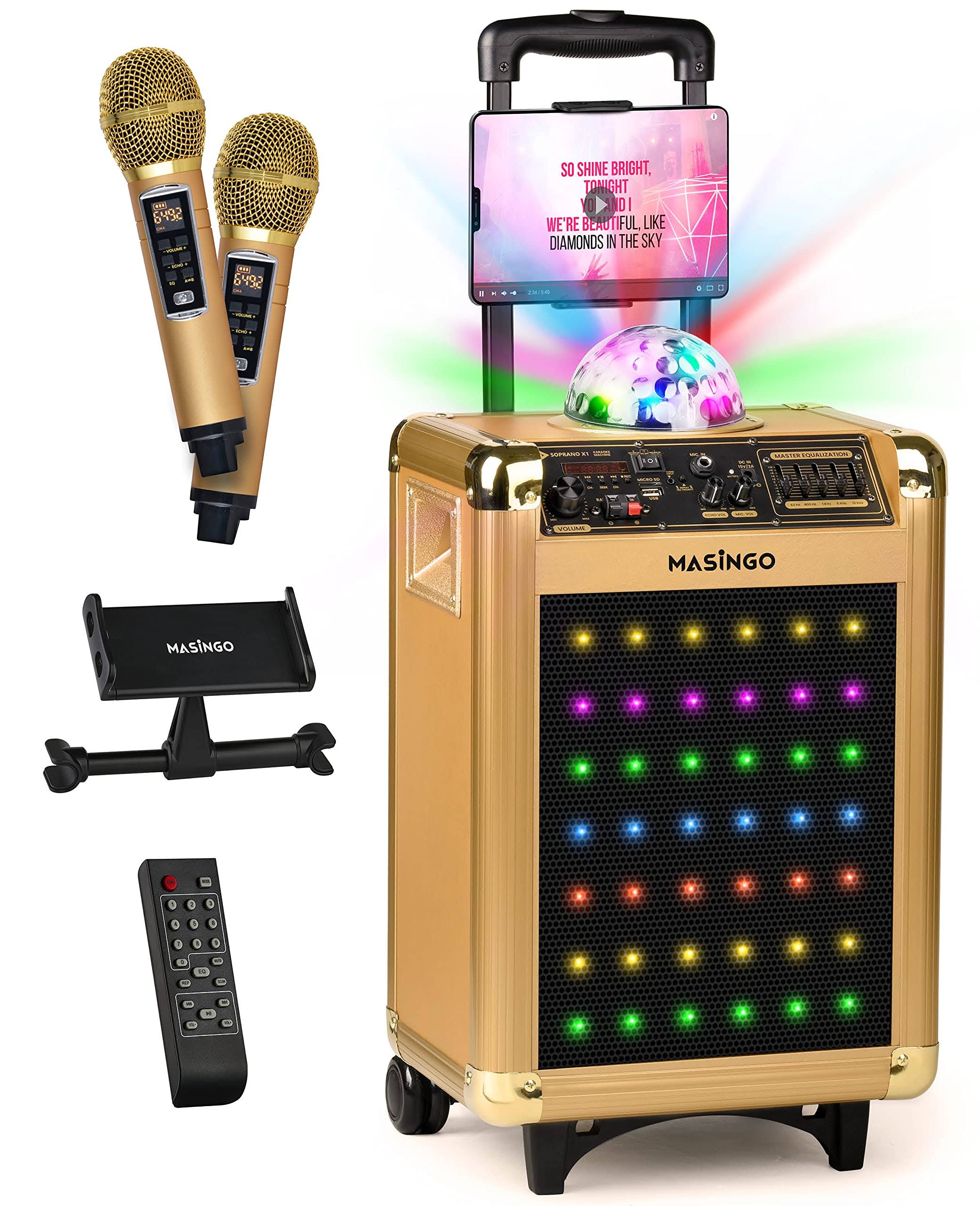 Masingo Bluetooth Karaoke Machine for Adults and Kids - Portable Singing Equipment Set w/ 2 Wireless Karaoke Microphones - PA Sp