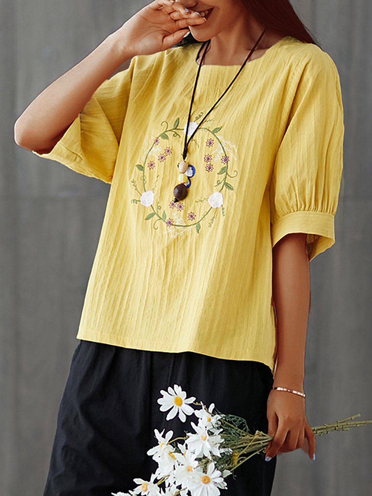 Plus Size  Women  Cotton And Linen Embroidered  Balloon Sleeves Casual  Tops