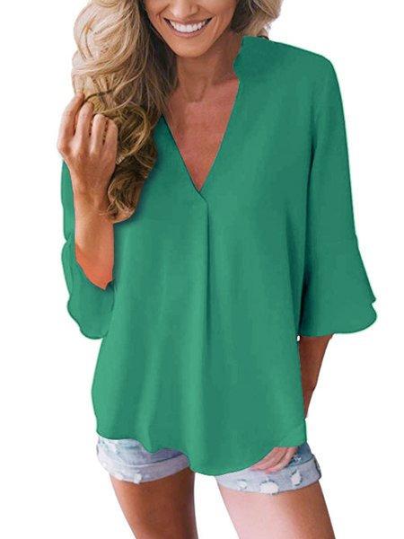 Casual V Neck Solid Blouse