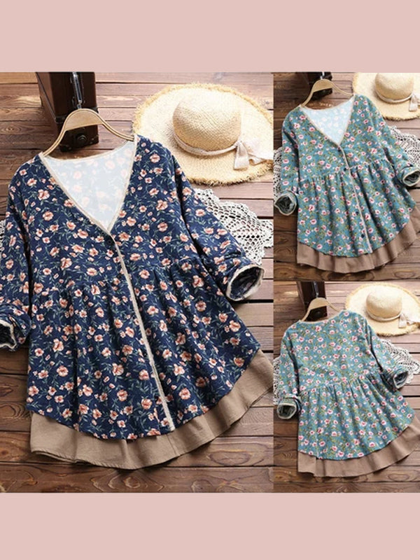 V Neck Vintage Long Sleeve Floral Blouse & Shirts